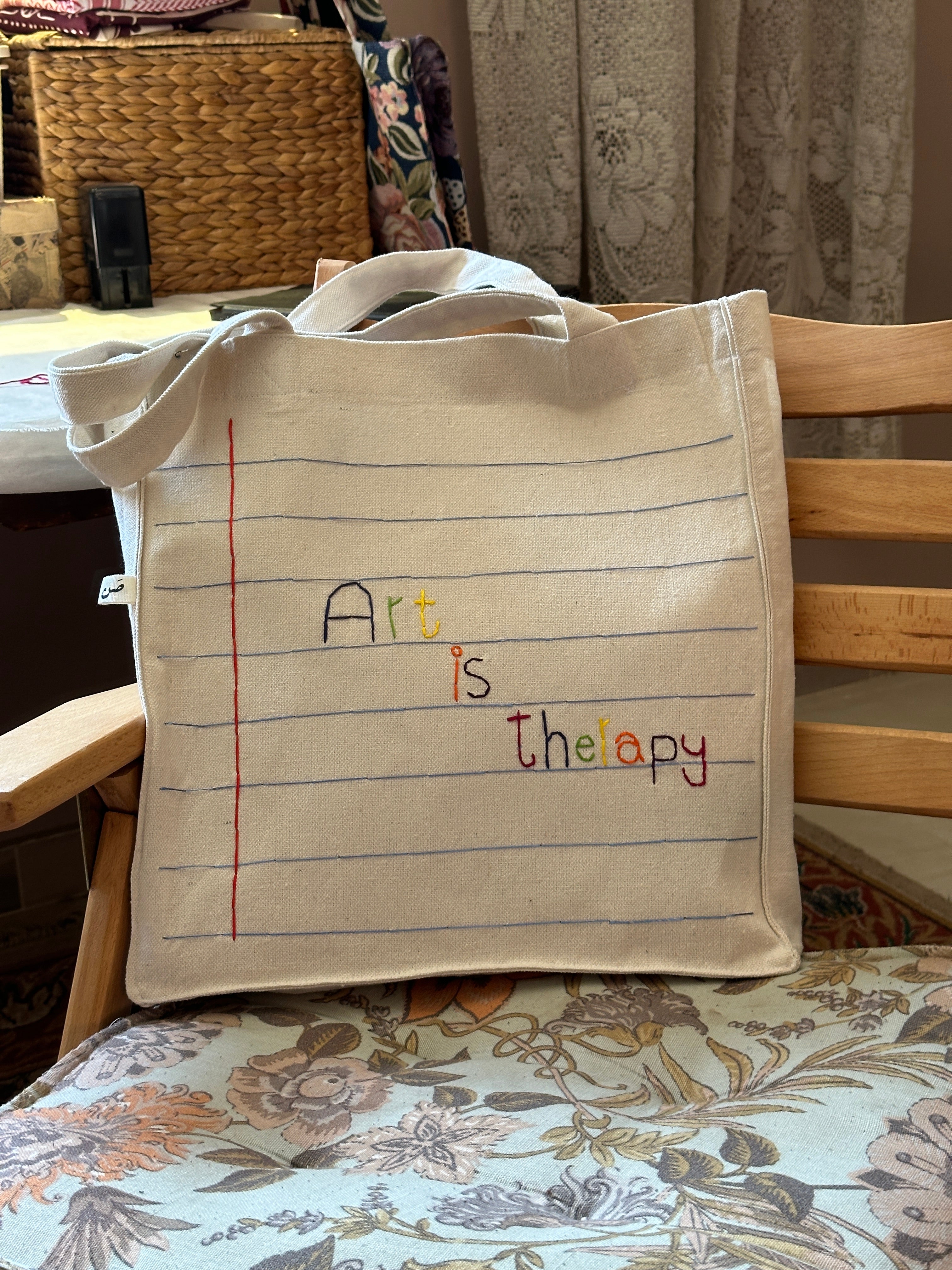 art is therapy- colorful embroidery large tote bag