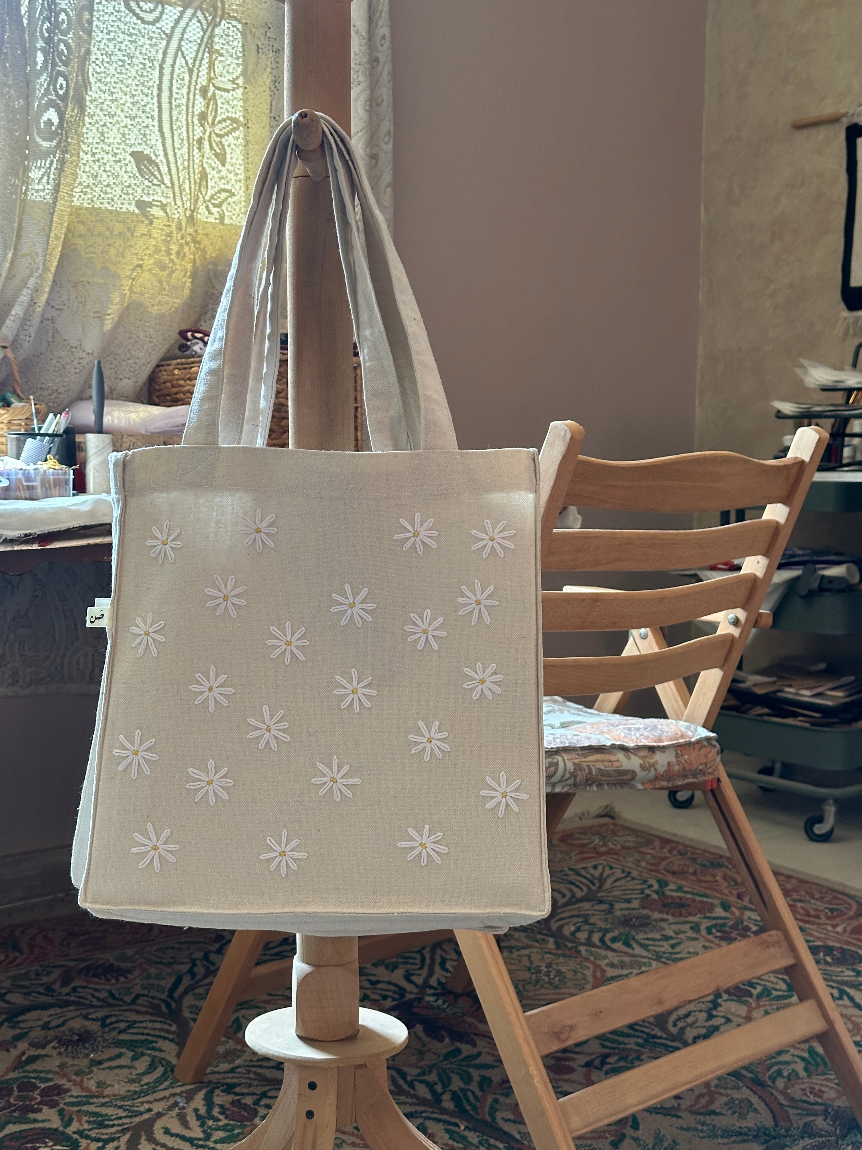 daisies large embroidered tote bag