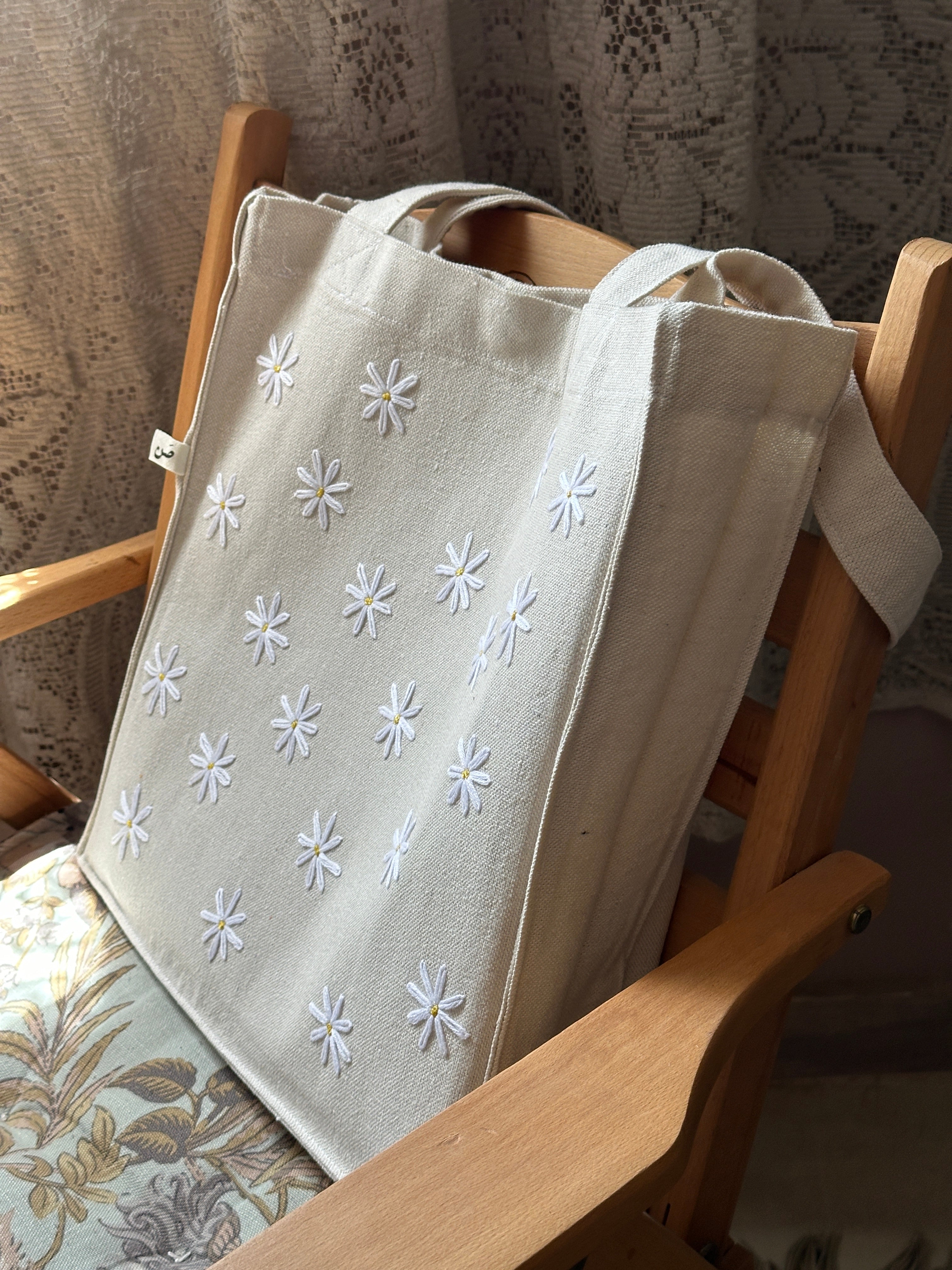 daisies large embroidered tote bag