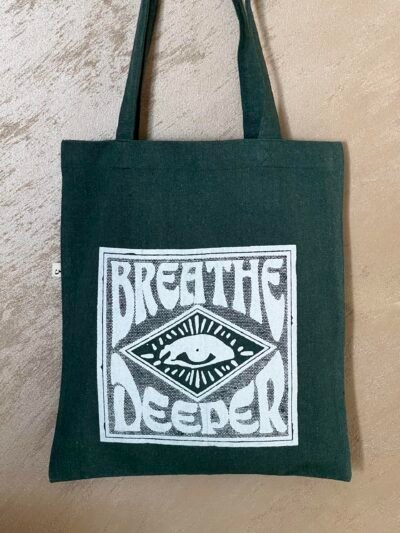 breathe deeper- medium oil green tote bag