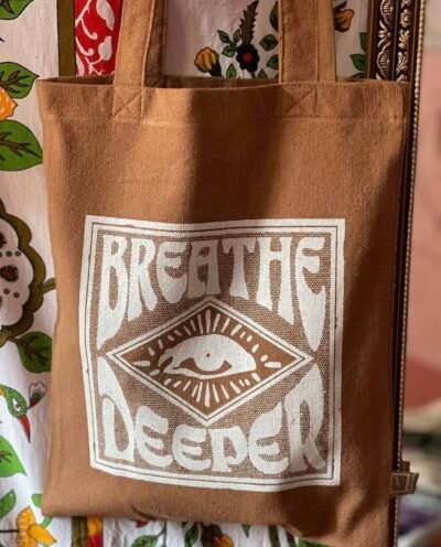 breathe deeper brown- medium tote bag