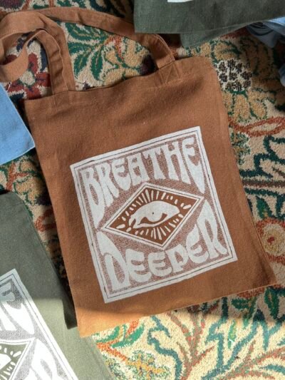 breathe deeper brown- medium tote bag