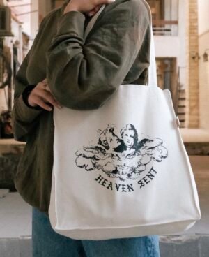 heaven sent- large off white tote bag
