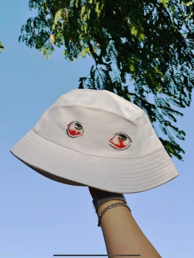 exhausted eyes- white bucket hat