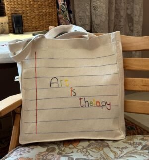 art is therapy- colorful embroidery large off white tote bag